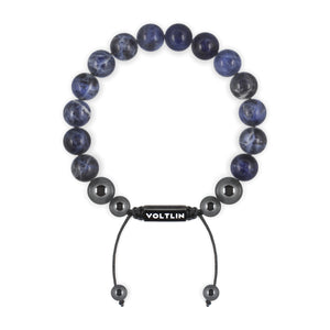 Top view of a 10mm Sodalite crystal beaded shamballa bracelet with black stainless steel logo bead made by Voltlin