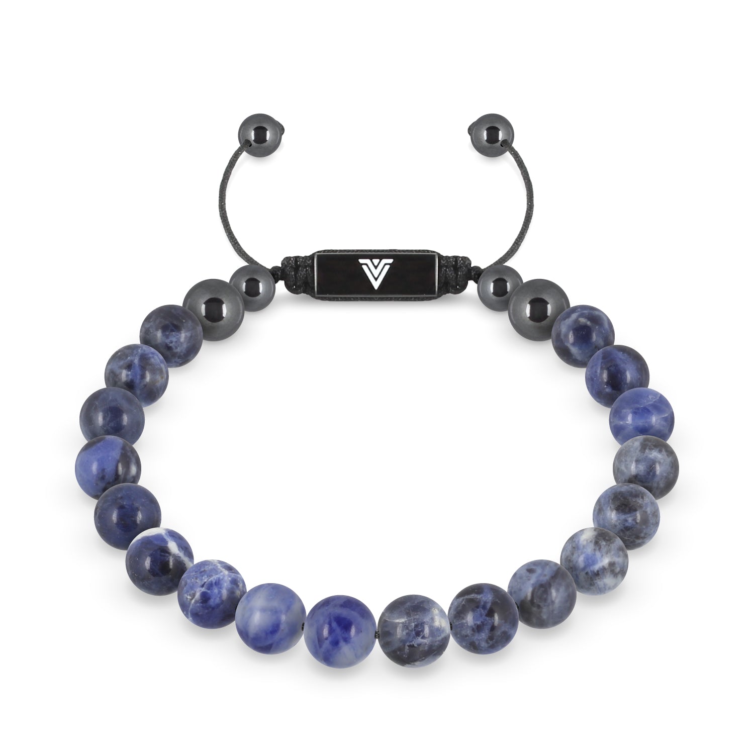 Front view of an 8mm Sodalite crystal beaded shamballa bracelet with black stainless steel logo bead made by Voltlin