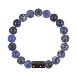 Top view of a 10mm Sodalite crystal beaded stretch bracelet with black stainless steel logo bead made by Voltlin