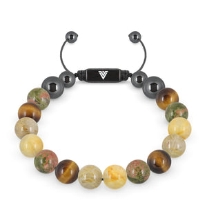 Front view of a 10mm Solar Plexus Chakra crystal beaded shamballa bracelet with black stainless steel logo bead made by Voltlin