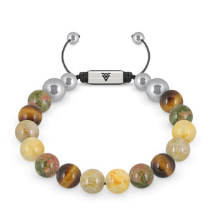 Front view of a 10mm Solar Plexus Chakra beaded shamballa bracelet featuring Unakite, Yellow Tiger's Eye, Rutilated Quartz, & Citrine crystal and silver stainless steel logo bead made by Voltlin
