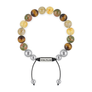 Top view of a 10mm Solar Plexus Chakra beaded shamballa bracelet featuring Unakite, Yellow Tiger's Eye, Rutilated Quartz, & Citrine crystal and silver stainless steel logo bead made by Voltlin