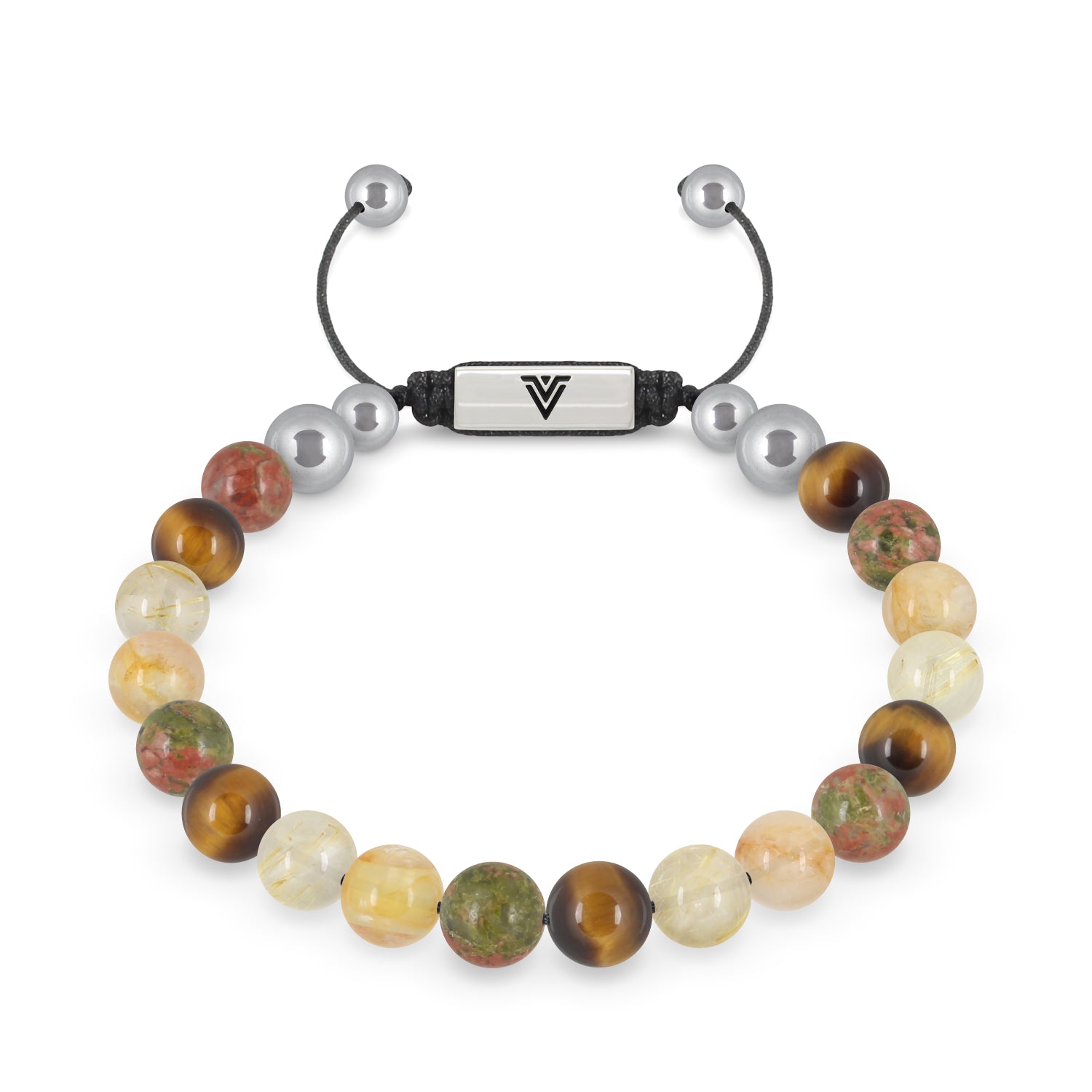Front view of an 8mm Solar Plexus Chakra beaded shamballa bracelet featuring Unakite, Yellow Tiger's Eye, Rutilated Quartz, & Citrine crystal and silver stainless steel logo bead made by Voltlin