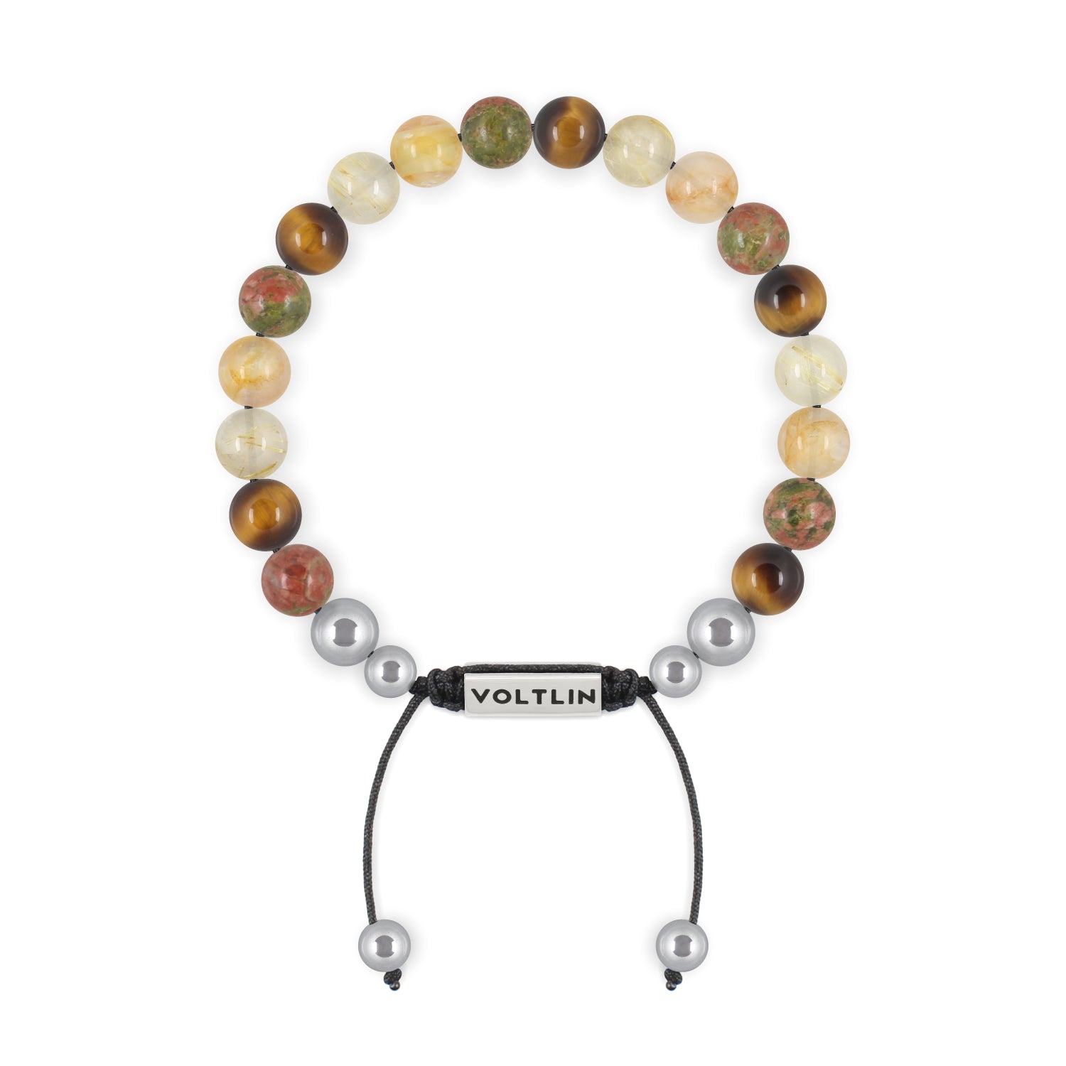 Top view of an 8mm Solar Plexus Chakra beaded shamballa bracelet featuring Unakite, Yellow Tiger's Eye, Rutilated Quartz, & Citrine crystal and silver stainless steel logo bead made by Voltlin