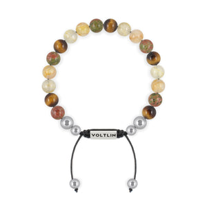 Top view of an 8mm Solar Plexus Chakra beaded shamballa bracelet featuring Unakite, Yellow Tiger's Eye, Rutilated Quartz, & Citrine crystal and silver stainless steel logo bead made by Voltlin