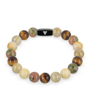 Front view of a 10mm Solar Plexus Chakra crystal beaded stretch bracelet with black stainless steel logo bead made by Voltlin