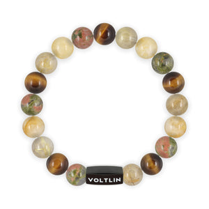 Top view of a 10mm Solar Plexus Chakra crystal beaded stretch bracelet with black stainless steel logo bead made by Voltlin