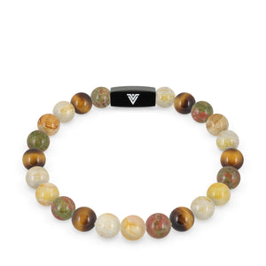 Front view of an 8mm Solar Plexus Chakra crystal beaded stretch bracelet with black stainless steel logo bead made by Voltlin