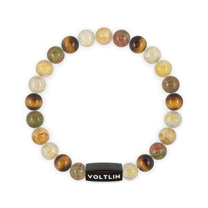 Top view of an 8mm Solar Plexus Chakra crystal beaded stretch bracelet with black stainless steel logo bead made by Voltlin