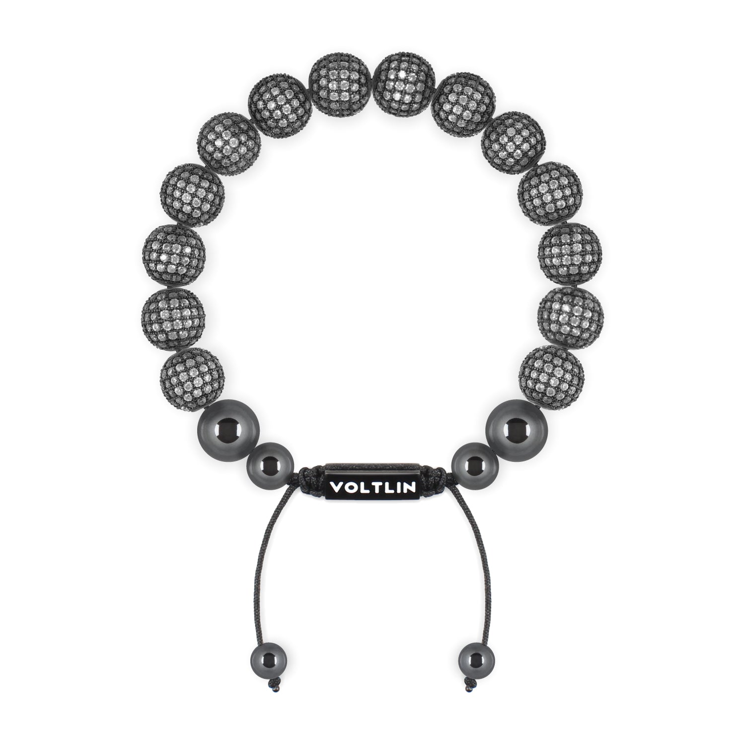 Top view of a 10mm Steel Pave crystal beaded shamballa bracelet with black stainless steel logo bead made by Voltlin