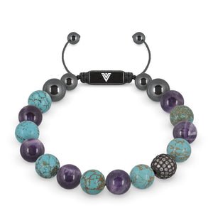 Front view of a 10mm Suicide Awareness crystal beaded shamballa bracelet with black stainless steel logo bead made by Voltlin
