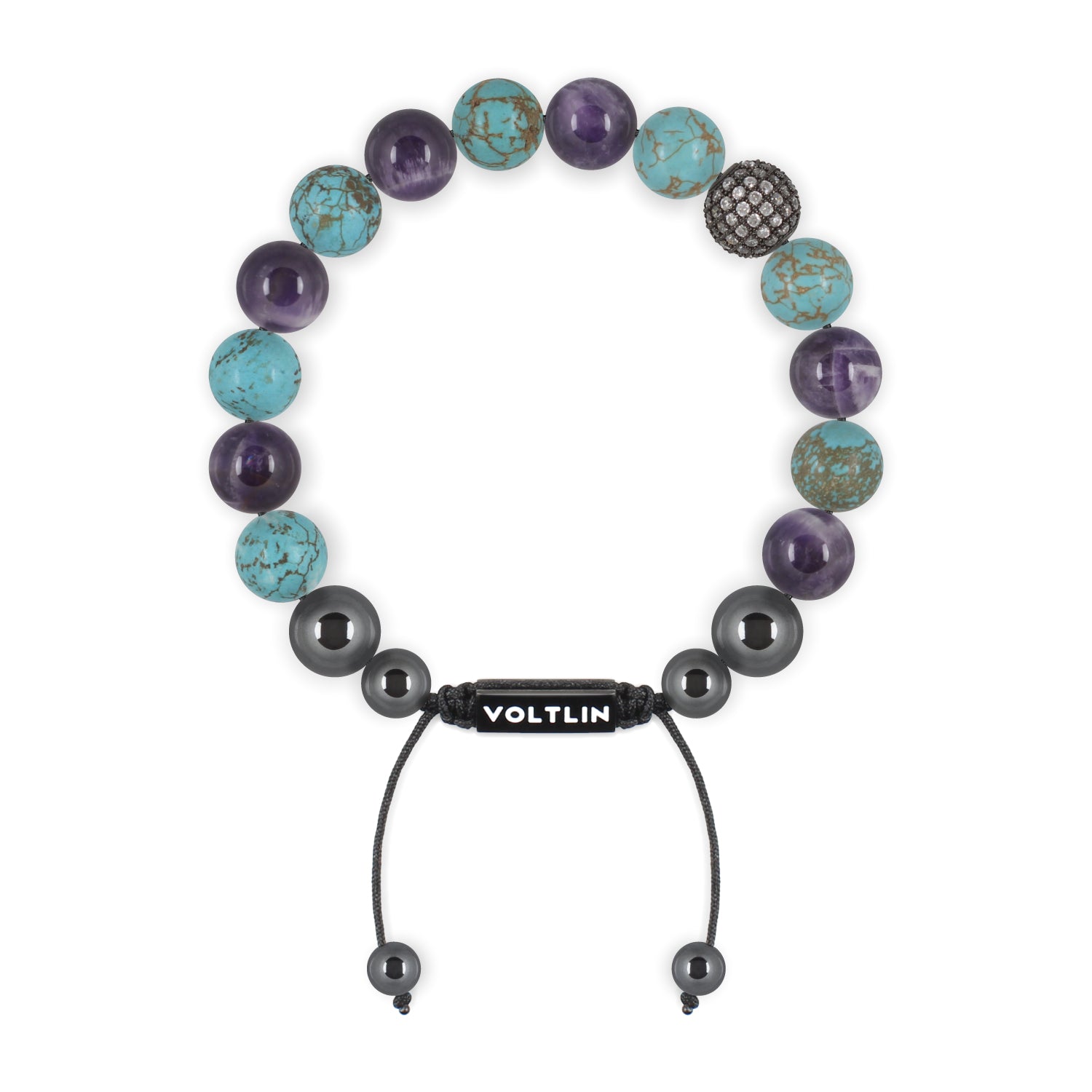 Top view of a 10mm Suicide Awareness crystal beaded shamballa bracelet with black stainless steel logo bead made by Voltlin