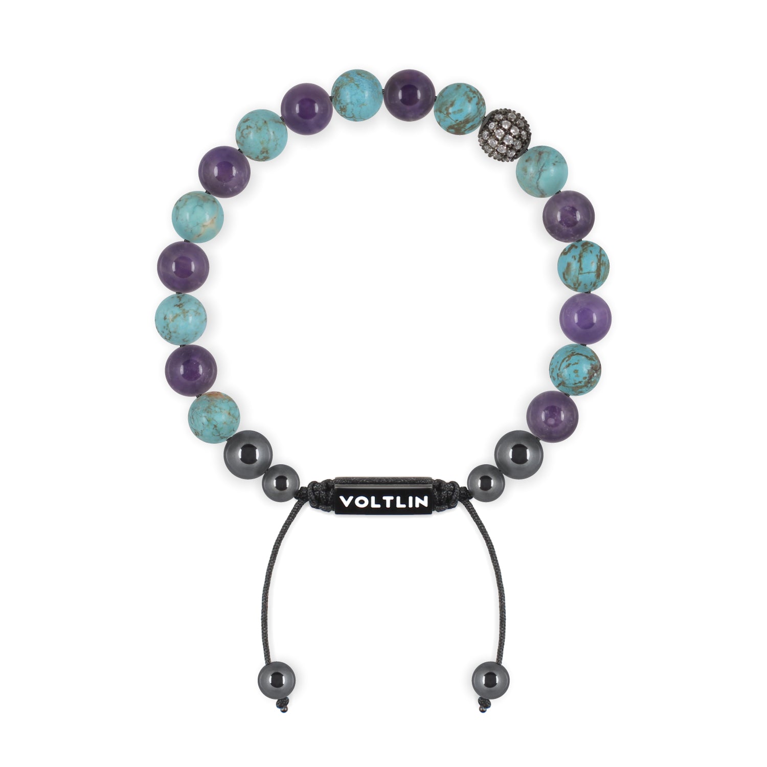 Front view of an 8mm Suicide Awareness crystal beaded shamballa bracelet with black stainless steel logo bead made by Voltlin
