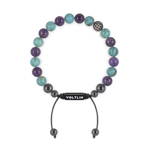 Top view of an 8mm Suicide Awareness crystal beaded shamballa bracelet with black stainless steel logo bead made by Voltlin