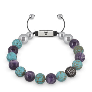 Front view of a 10mm Suicide Awareness beaded shamballa bracelet featuring Turquoise, Amethyst, & Steel Pave crystal and silver stainless steel logo bead made by Voltlin