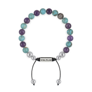 Top view of an 8mm Suicide Awareness beaded shamballa bracelet featuring Turquoise, Amethyst, & Steel Pave crystal and silver stainless steel logo bead made by Voltlin