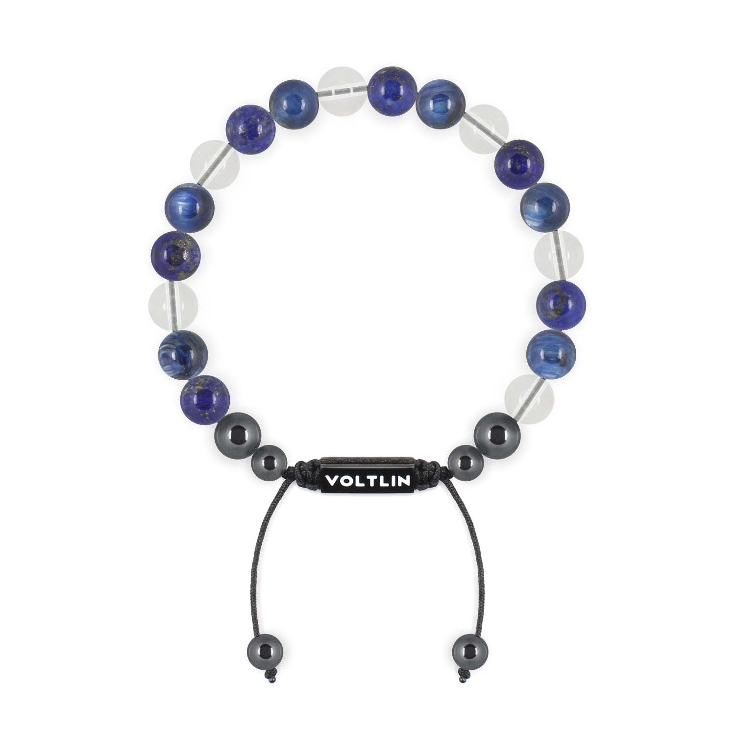 Top view of an 8mm Taurus Zodiac crystal beaded shamballa bracelet with black stainless steel logo bead made by Voltlin