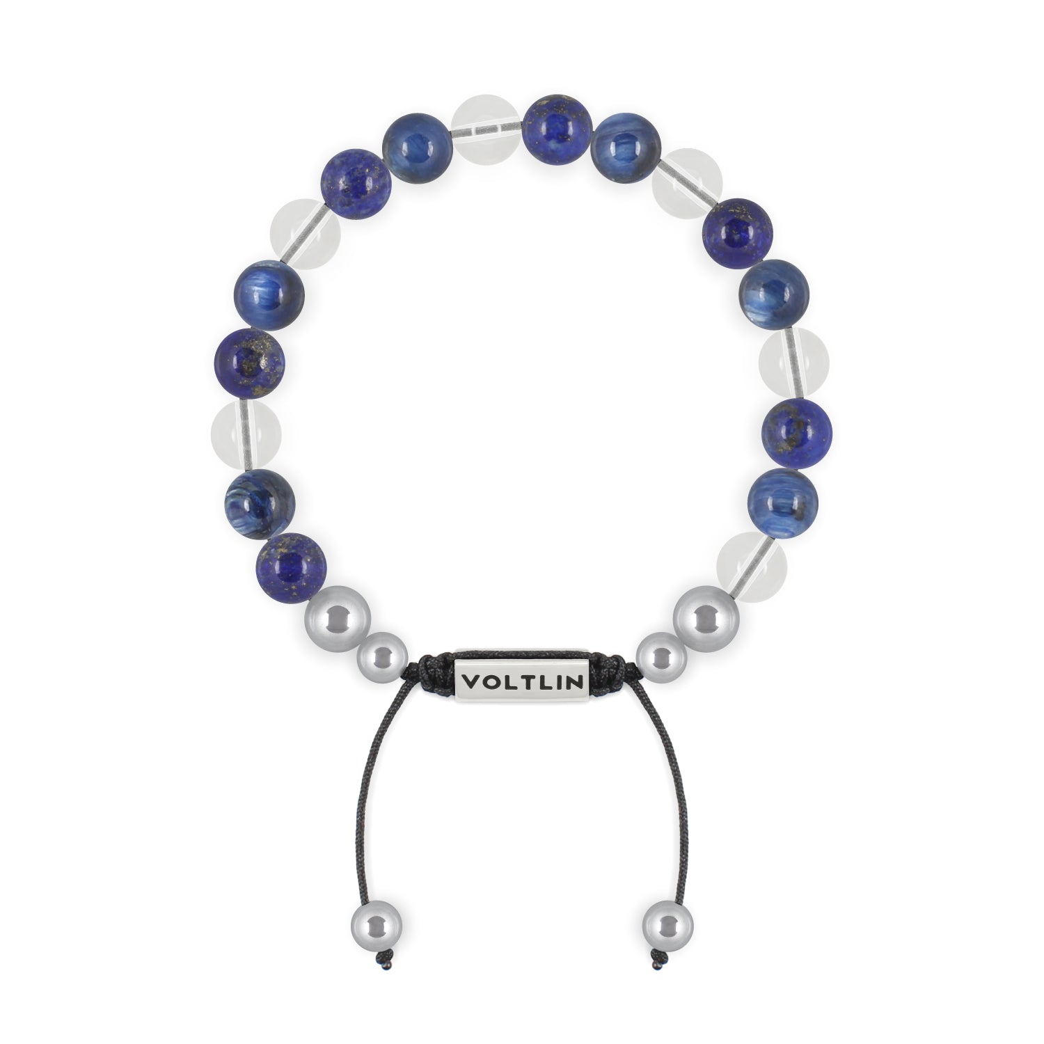 Front view of an 8mm Taurus Zodiac beaded shamballa bracelet featuring Lapis Lazuli, Kyanite, & Quartz crystal and silver stainless steel logo bead made by Voltlin