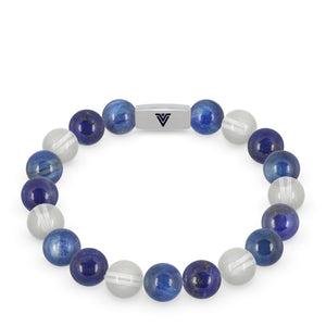 Front view of a 10mm Taurus Zodiac beaded stretch bracelet featuring Lapis Lazuli, Kyanite, & Quartz crystal and silver stainless steel logo bead made by Voltlin