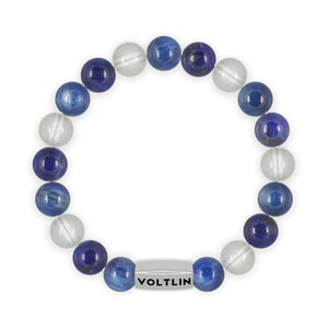 Top view of a 10mm Taurus Zodiac beaded stretch bracelet featuring Lapis Lazuli, Kyanite, & Quartz crystal and silver stainless steel logo bead made by Voltlin