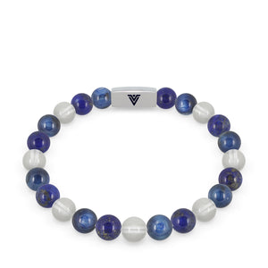 Front view of an 8mm Taurus Zodiac beaded stretch bracelet featuring Lapis Lazuli, Kyanite, & Quartz crystal and silver stainless steel logo bead made by Voltlin