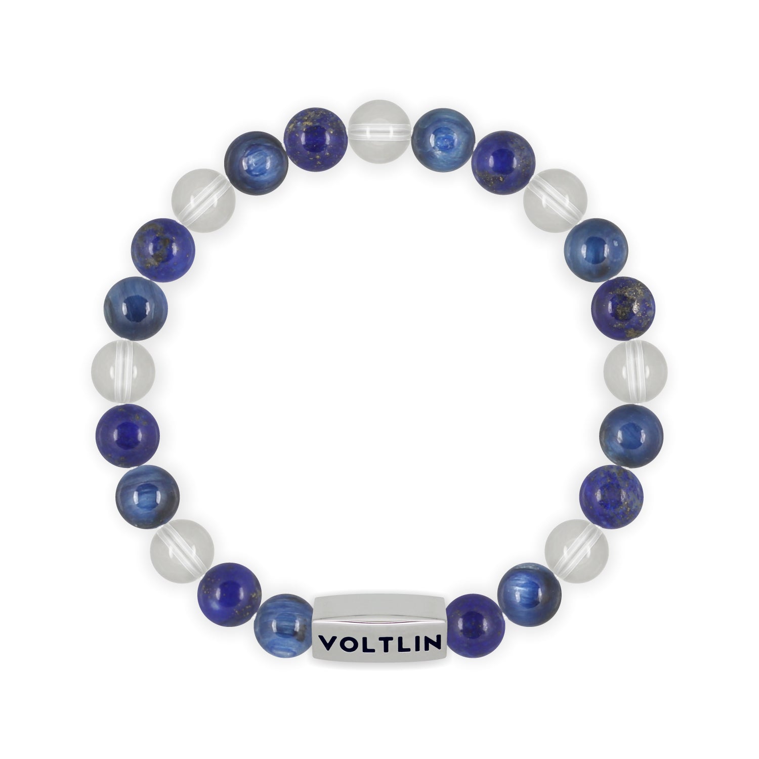 Front view of an 8mm Taurus Zodiac beaded stretch bracelet featuring Lapis Lazuli, Kyanite, & Quartz crystal and silver stainless steel logo bead made by Voltlin