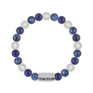 Top view of an 8mm Taurus Zodiac beaded stretch bracelet featuring Lapis Lazuli, Kyanite, & Quartz crystal and silver stainless steel logo bead made by Voltlin