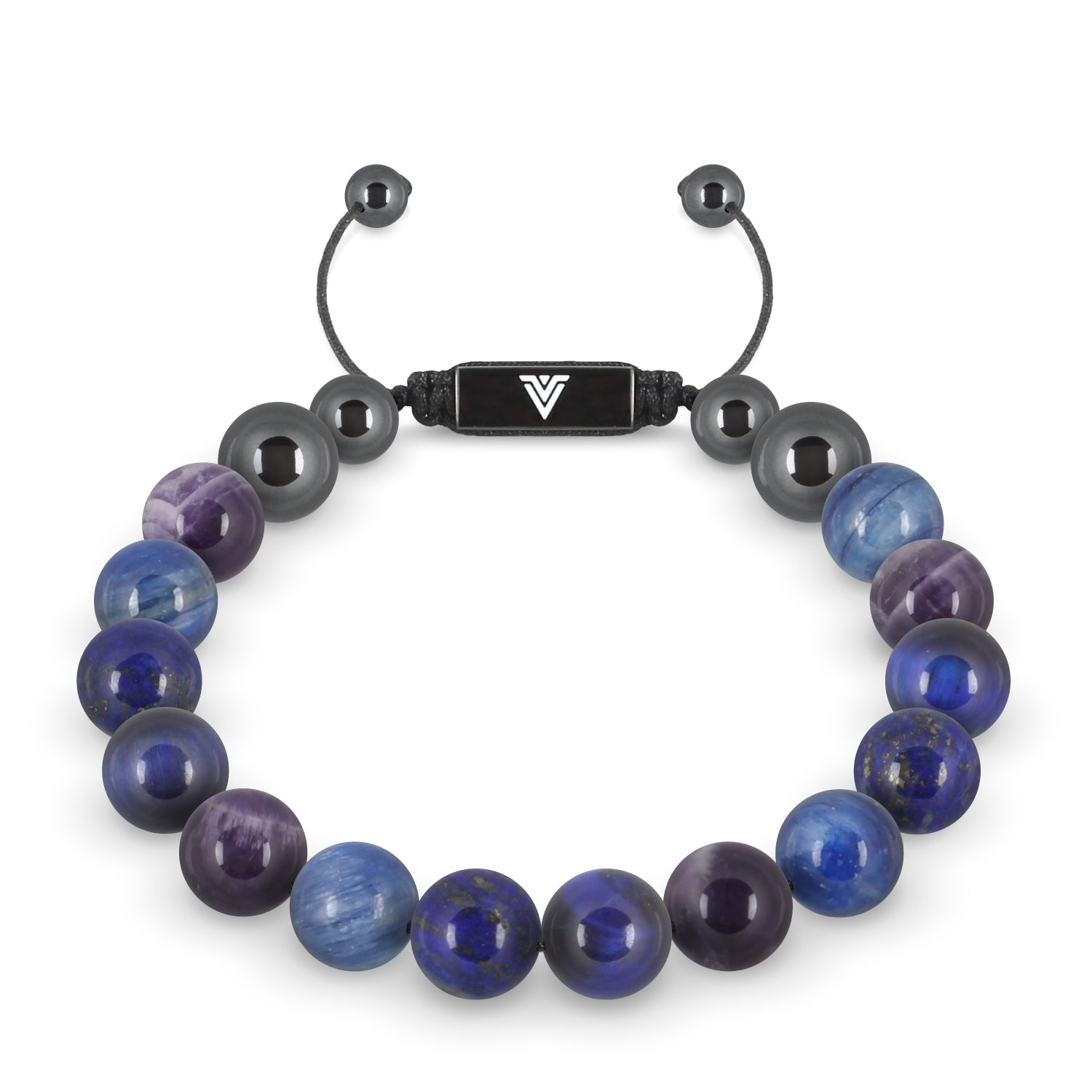 Front view of a 10mm Third Eye Chakra crystal beaded shamballa bracelet with black stainless steel logo bead made by Voltlin