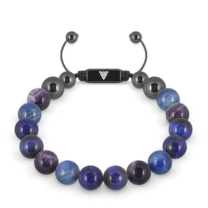 Front view of a 10mm Third Eye Chakra crystal beaded shamballa bracelet with black stainless steel logo bead made by Voltlin