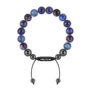 Top view of a 10mm Third Eye Chakra crystal beaded shamballa bracelet with black stainless steel logo bead made by Voltlin