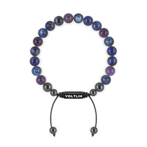 Top view of an 8mm Third Eye Chakra crystal beaded shamballa bracelet with black stainless steel logo bead made by Voltlin