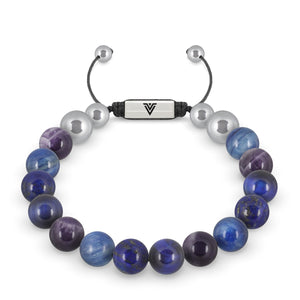 Front view of a 10mm Third Eye Chakra beaded shamballa bracelet featuring Amethyst, Kyanite, Lapis Lazuli, & Blue Tiger's Eye crystal and silver stainless steel logo bead made by Voltlin