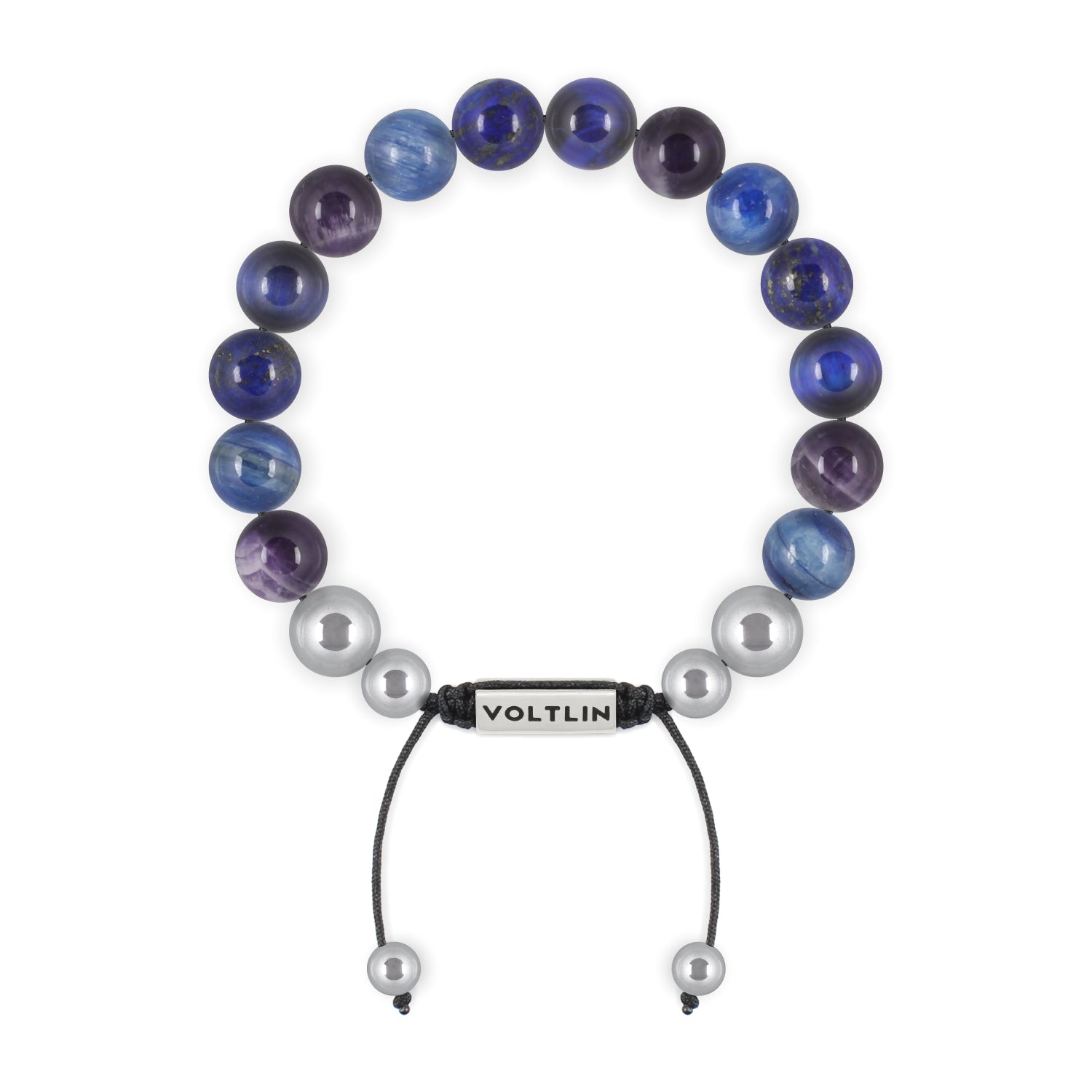 Top view of a 10mm Third Eye Chakra beaded shamballa bracelet featuring Amethyst, Kyanite, Lapis Lazuli, & Blue Tiger's Eye crystal and silver stainless steel logo bead made by Voltlin