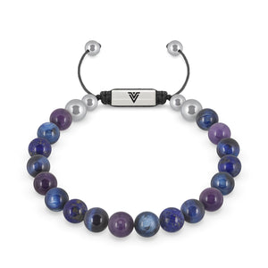 Front view of an 8mm Third Eye Chakra beaded shamballa bracelet featuring Amethyst, Kyanite, Lapis Lazuli, & Blue Tiger's Eye crystal and silver stainless steel logo bead made by Voltlin