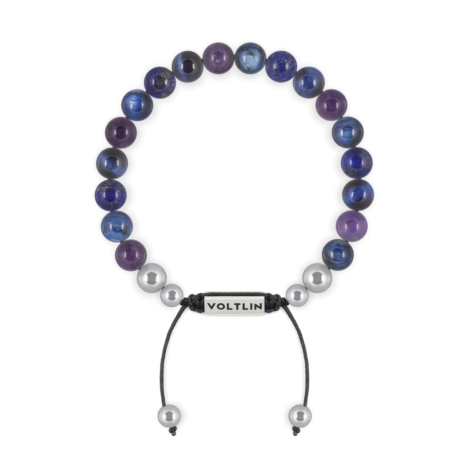 Top view of an 8mm Third Eye Chakra beaded shamballa bracelet featuring Amethyst, Kyanite, Lapis Lazuli, & Blue Tiger's Eye crystal and silver stainless steel logo bead made by Voltlin