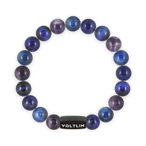 Top view of a 10mm Third Eye Chakra crystal beaded stretch bracelet with black stainless steel logo bead made by Voltlin