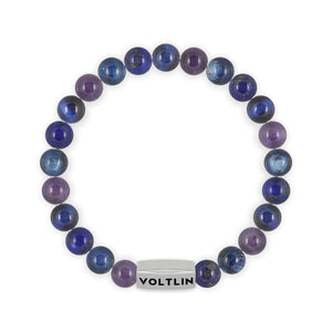 Top view of an 8mm Third Eye Chakra beaded stretch bracelet featuring Amethyst, Kyanite, Lapis Lazuli, & Blue Tiger's Eye crystal and silver stainless steel logo bead made by Voltlin