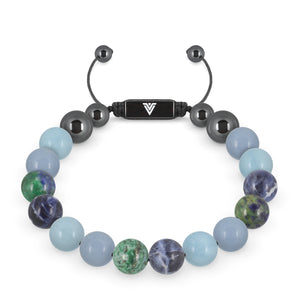 Front view of a 10mm Throat Chakra crystal beaded shamballa bracelet with black stainless steel logo bead made by Voltlin