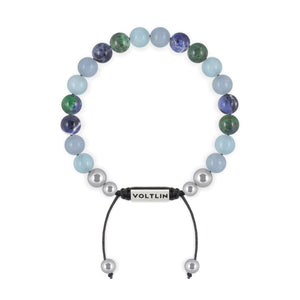 Top view of an 8mm Throat Chakra beaded shamballa bracelet featuring Aquamarine, Angelite, Azurite, & Sodalite crystal and silver stainless steel logo bead made by Voltlin