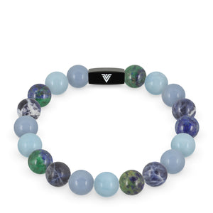 Front view of a 10mm Throat Chakra crystal beaded stretch bracelet with black stainless steel logo bead made by Voltlin