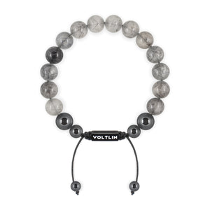 Top view of a 10mm Tourmalinated Quartz crystal beaded shamballa bracelet with black stainless steel logo bead made by Voltlin