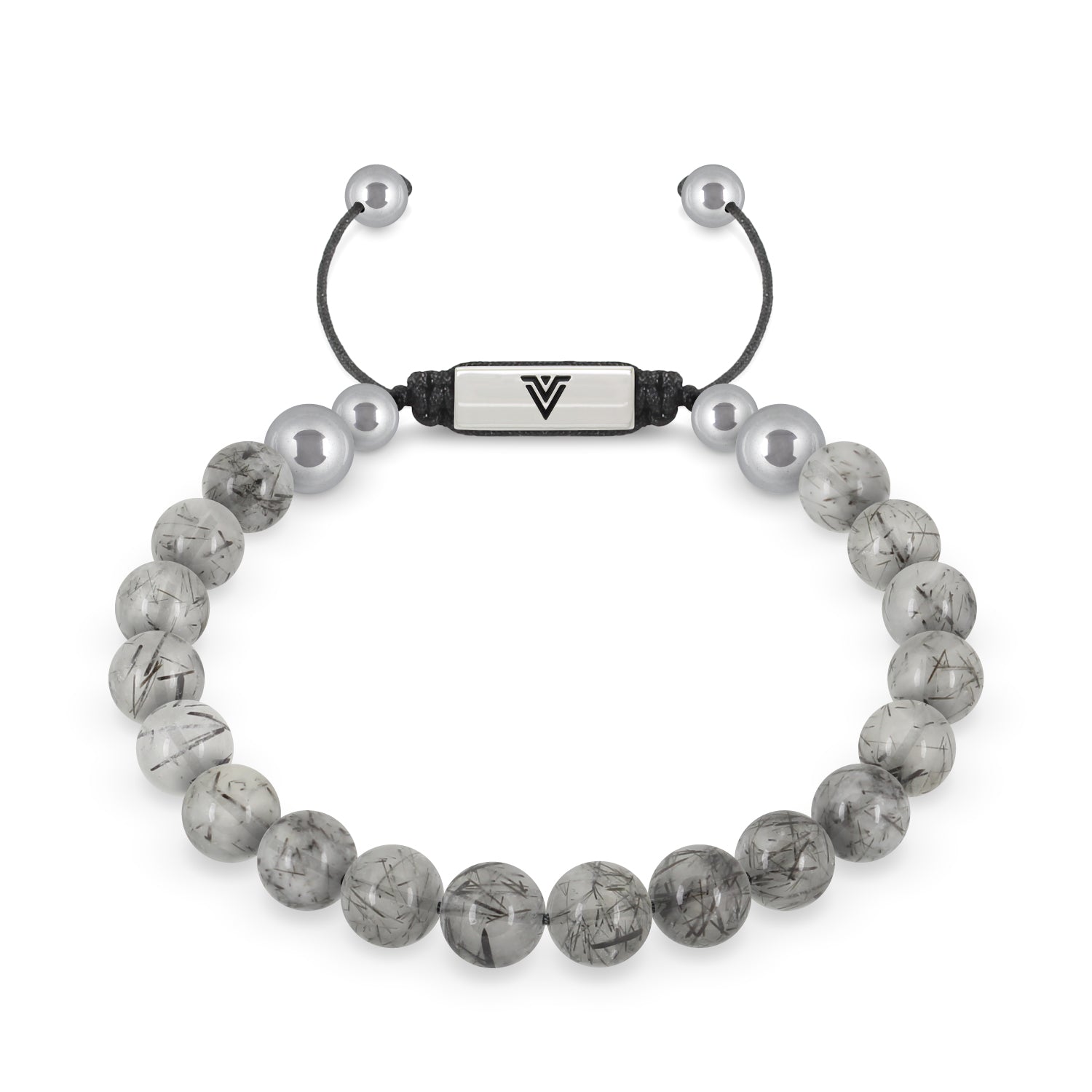 Front view of an 8mm Tourmalinated Quartz beaded shamballa bracelet with silver stainless steel logo bead made by Voltlin