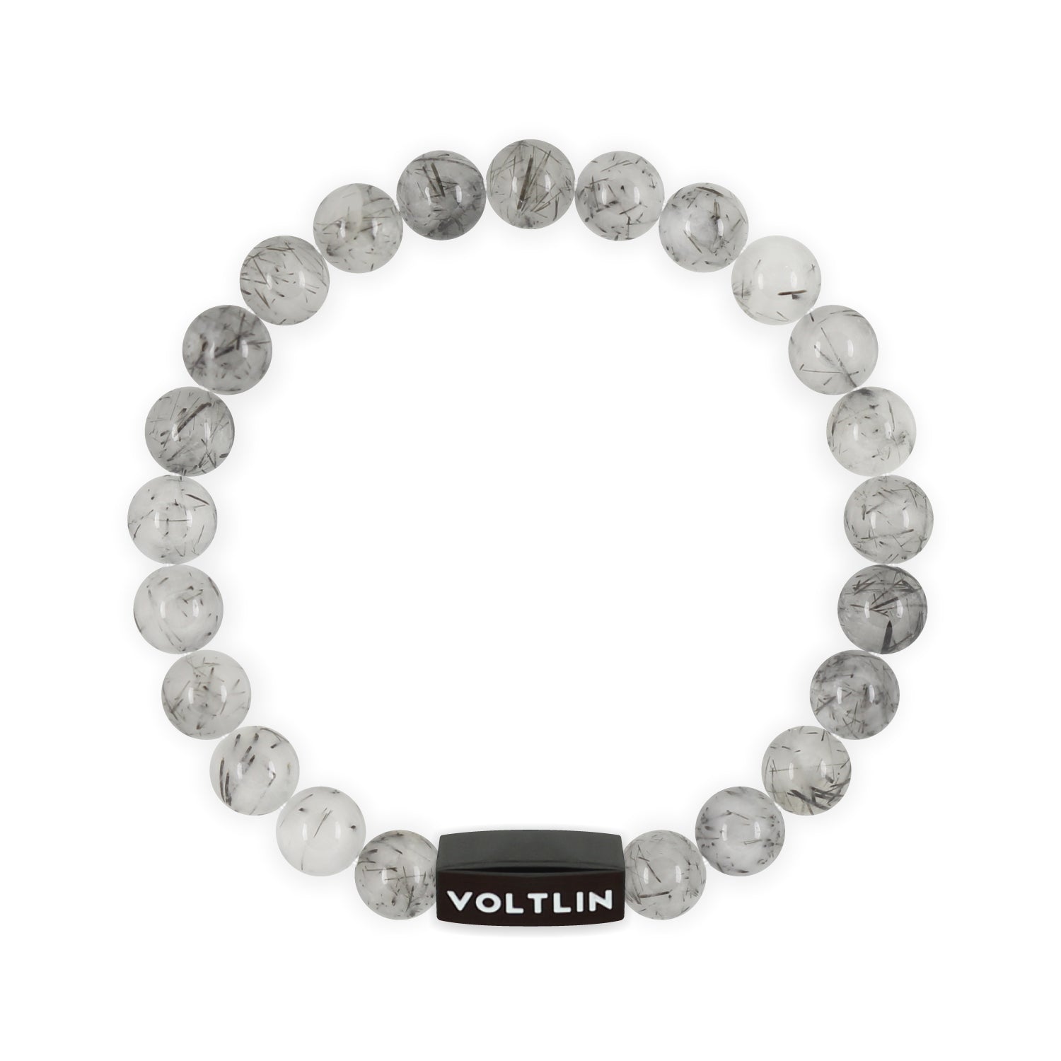 Top view of an 8mm Tourmalinated Quartz crystal beaded stretch bracelet with black stainless steel logo bead made by Voltlin