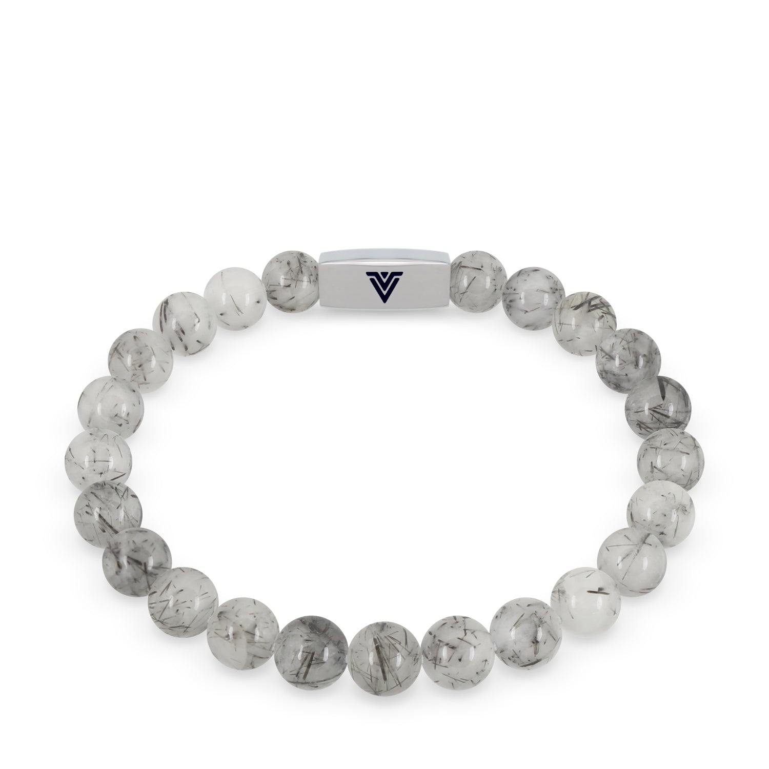 Front view of an 8mm Tourmalinated Quartz beaded stretch bracelet with silver stainless steel logo bead made by Voltlin