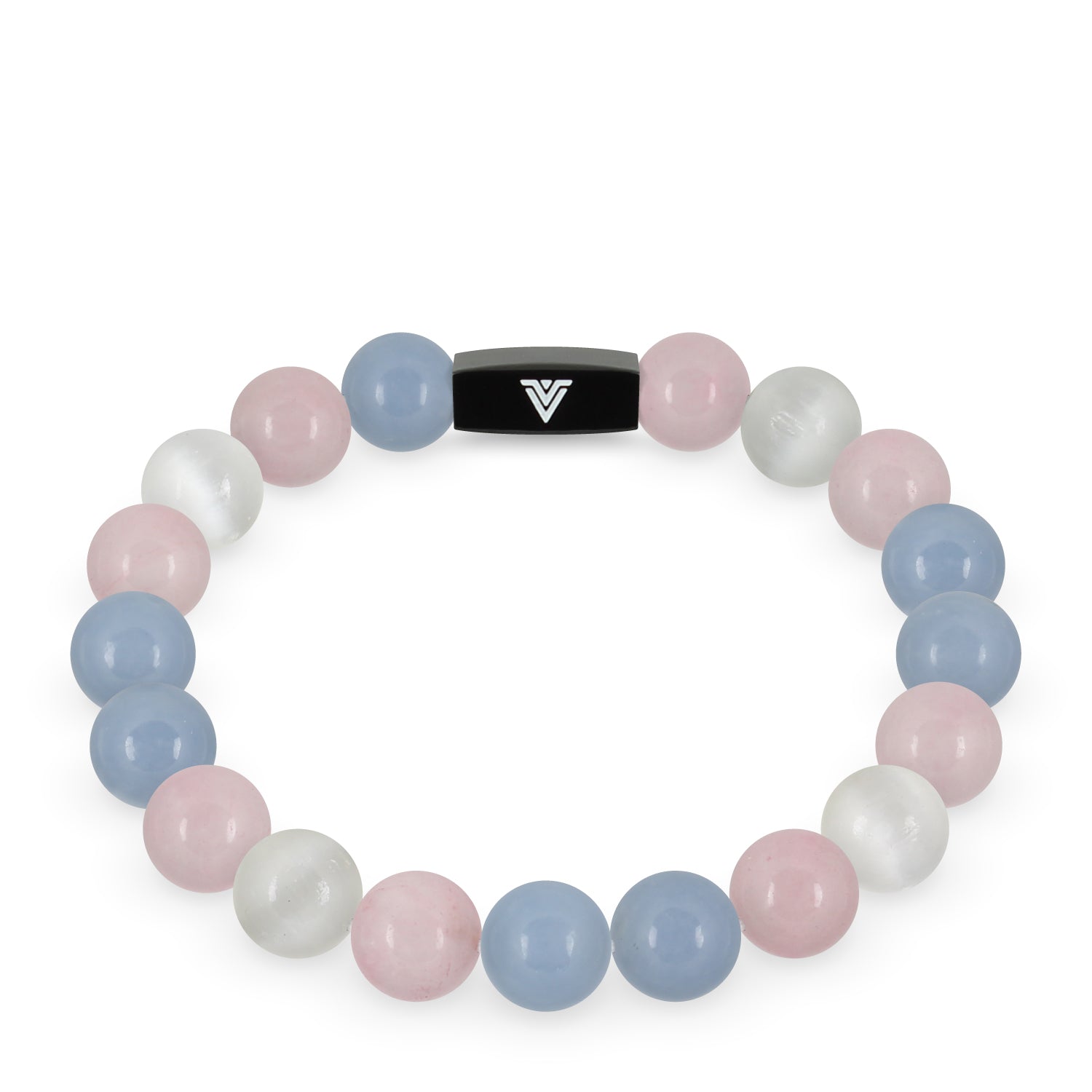 Front view of a 10mm Trans Pride crystal beaded stretch bracelet with black stainless steel logo bead made by Voltlin