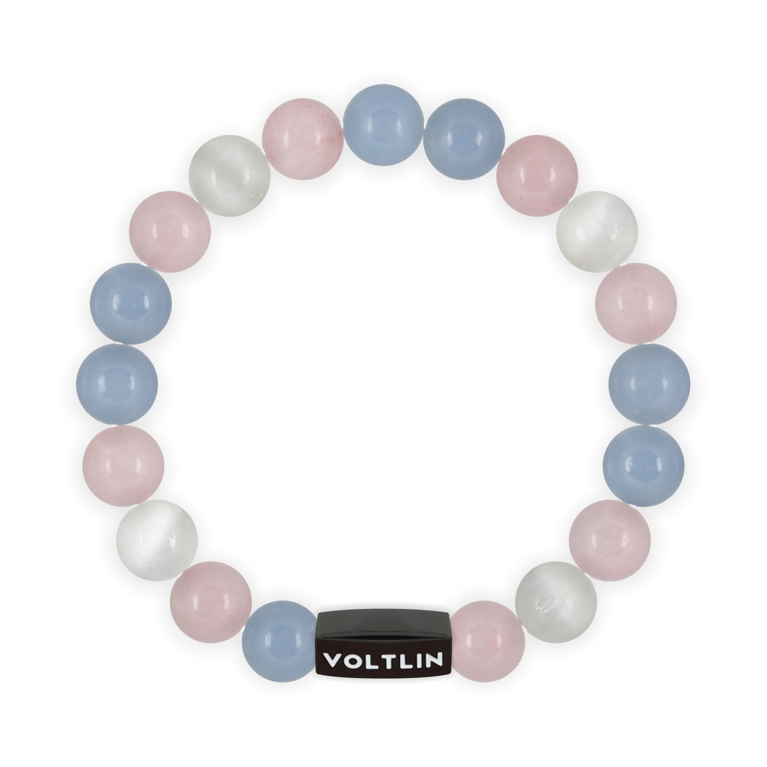 Top view of a 10mm Trans Pride crystal beaded stretch bracelet with black stainless steel logo bead made by Voltlin