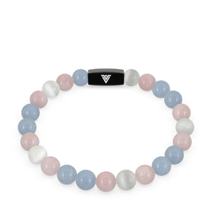 Front view of an 8mm Trans Pride crystal beaded stretch bracelet with black stainless steel logo bead made by Voltlin