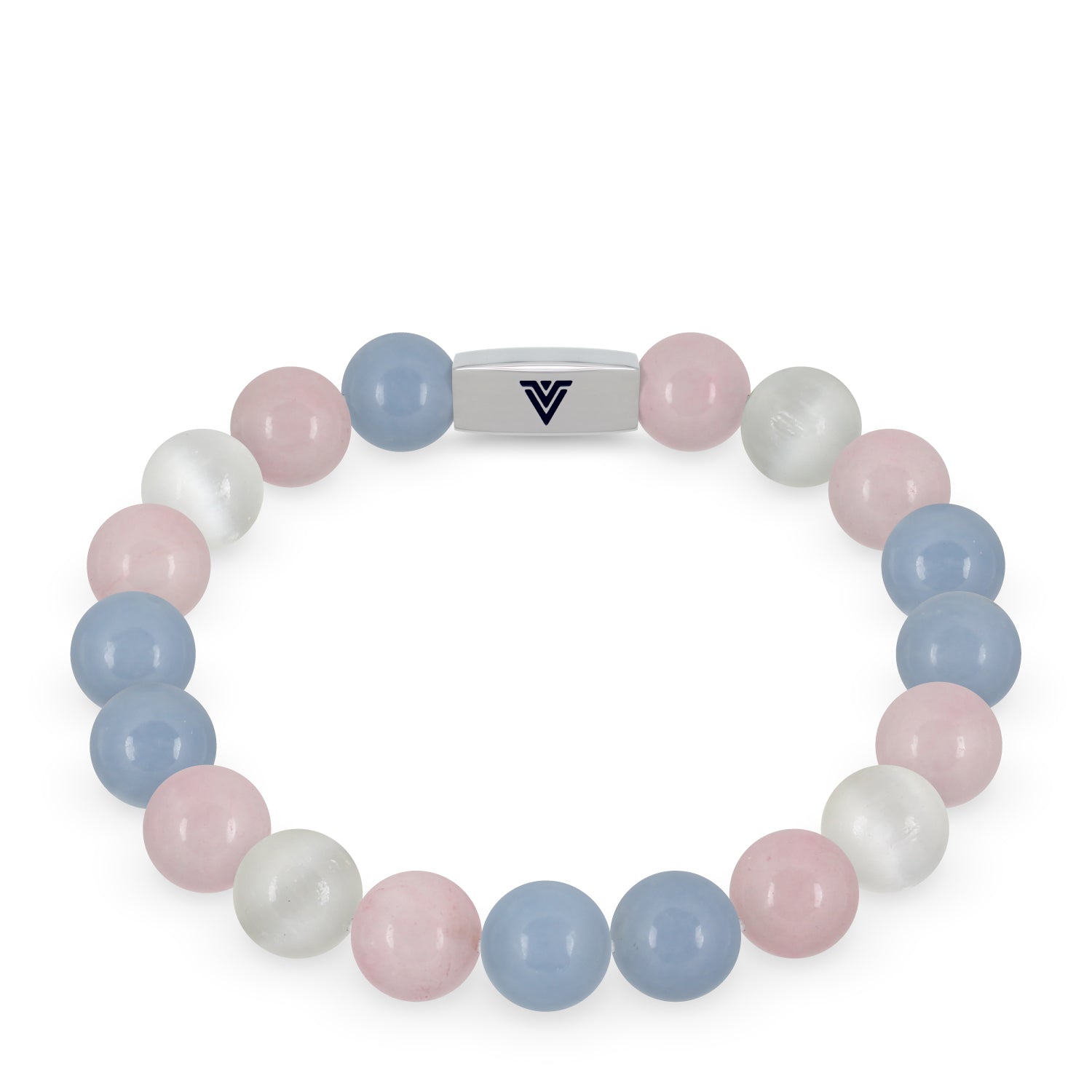 Front view of a 10mm Trans Pride beaded stretch bracelet with silver stainless steel logo bead made by Voltlin