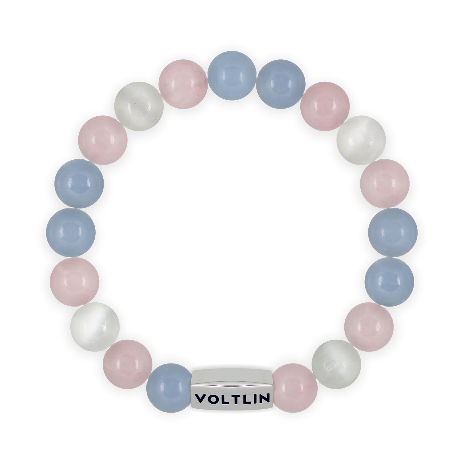 Top view of a 10mm Trans Pride beaded stretch bracelet with silver stainless steel logo bead made by Voltlin