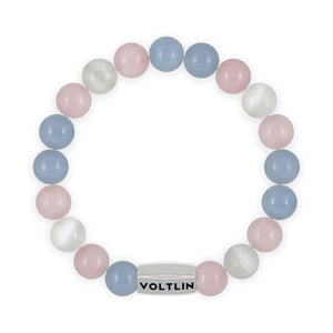 Top view of a 10mm Trans Pride beaded stretch bracelet with silver stainless steel logo bead made by Voltlin